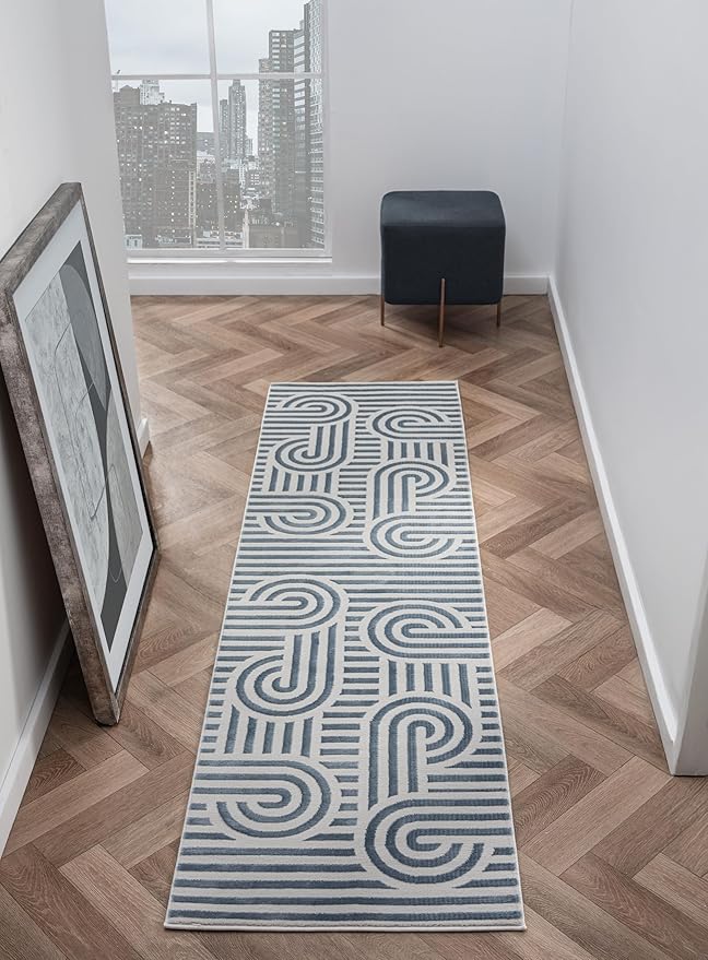 Annabel Modern Geometric Runner Rug for Kitchen, 2x7 Contemporary Arched and Linear Blue Runner, High-Low Pile Stain Resistant Carpet for Bedroom, Hallway or Entryway (2' x 7', Blue)