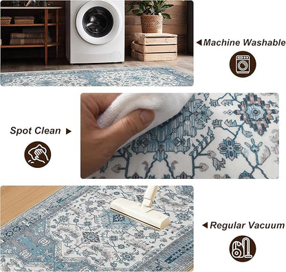 XWZO Entryway Area Rug 2x3ft — Soft Vintage Low Pile Door Floor Mat with Non Slip Backing for Bedroom Bathroom Kitchen Laundry, Spill Resistant Washable Small Indoor Carpet for Doorway Entrance, Blue