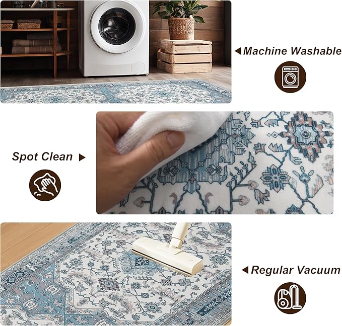 XWZO Runner Rug 2x10ft for Long Hallways, Washable Non-Slip Low Pile Area Rug with Rubber Backing, Spill Resistant Soft Vintage Floor Carpet for Kitchen Entryway Stair Landing Living Room, Blue