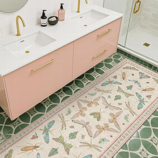 Boho Bathroom Runners - 2x5 Pink Rug for Kitchen, Entry Way, Hallway, Non Slip Washable Butterfly Insect Print Home Decor