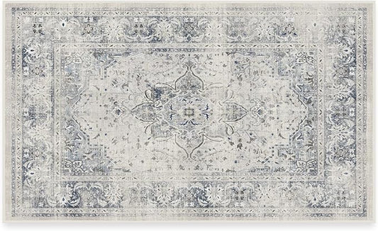RUGGABLE Washable Vintage Area Rug – Sarrah Blue Quartz 3x5, Stain-Resistant, Non-Slip – Small Machine Washable Rugs for Living Room, Bedroom, Hallway, Entryway & Office–with Standard Pad