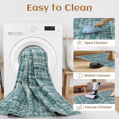 9x12 Abstract Area Rugs for Living Room, Modern Teal Blue Washable Indoor Rug for Bedroom, Thin Soft Large Non-Slip Carpet for Dining Room Home Office Farmhouse Decor