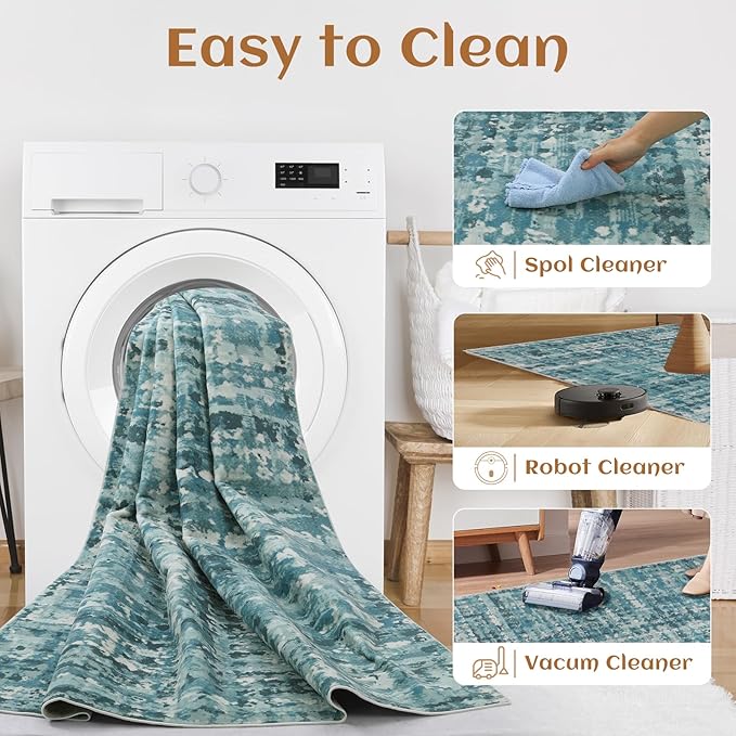 6x9 Abstract Area Rugs for Living Room, Modern Teal Blue Washable Indoor Rug for Bedroom, Thin Soft Large Non-Slip Carpet for Dining Room Home Office Farmhouse Decor