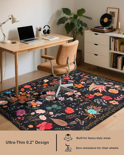 Boho Washable Area Rug 4x6 – Floral Low Pile Non-Slip Carpet for Living Room, Bedroom, Office, Playroom, Entryway, Kitchen, Dining Room (Black)