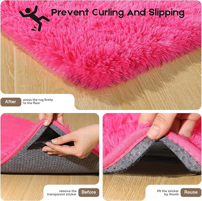2x3 Rugs for Bedroom, Fluffy Small Area Rugs for Living Room, Soft Shag Fuzzy Carpet with 4 Non-Slip Stickers for Kids Boys and Girls Nursery Dorm Room Home Decor (Hot Pink, 2ft x 3ft)