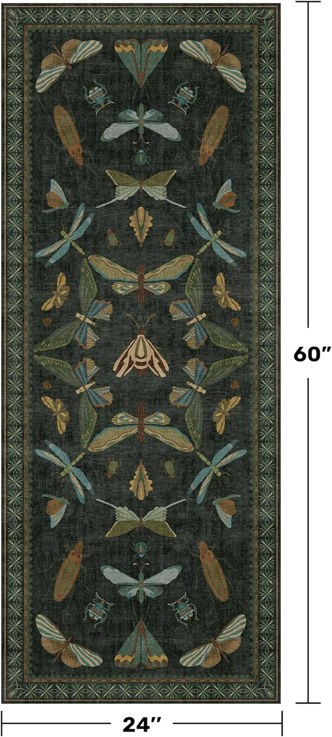 Dark Green Insect 2x5 Bathroom Runner Rug - Washable Non Slip Runners for Kitchen, Laundry Room, Front Door Mat Entrance, Nature Floral Indoor Floor Décor, Thin Low Pile with Rubber Backed