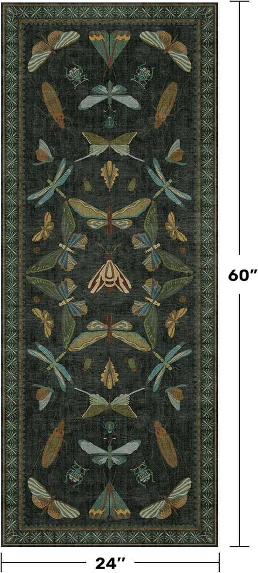 Dark Green Insect 2x5 Bathroom Runner Rug - Washable Non Slip Runners for Kitchen, Laundry Room, Front Door Mat Entrance, Nature Floral Indoor Floor Décor, Thin Low Pile with Rubber Backed
