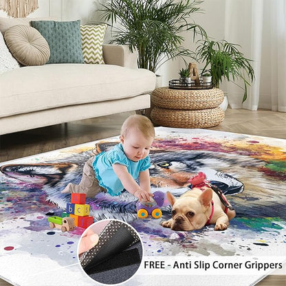 Wolf Rugs for Bedroom - 4x6 Area Rug - Graffiti Wolf Rugs for Living Room, Abstract 3D Animal Graffiti Rug, Washable Home Decor Carpet
