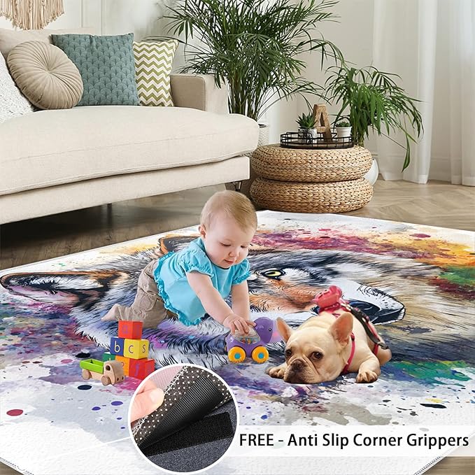 Wolf Rugs for Bedroom - 6x9 Area Rug - Graffiti Wolf Rugs for Living Room, Abstract 3D Animal Graffiti Rug, Washable Home Decor Carpet
