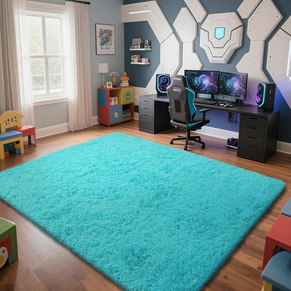 Teal Blue Rug Fluffy Rug, 9x12 Teal Area Rugs for Living Room, Soft Cute Baby Play Mat, Teal Rugs for Bedroom, Nursery, Preppy Dorm, Plush Aesthetic