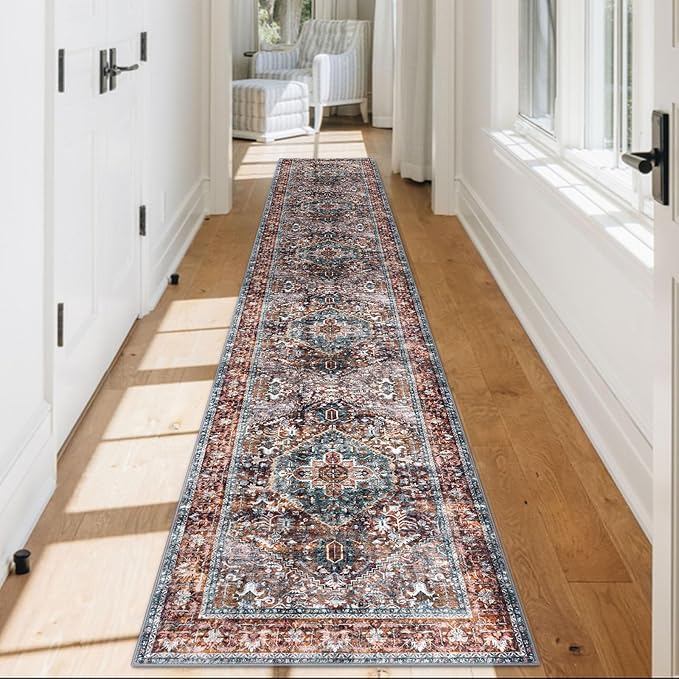 KOZYFLY Runners for Hallways 2x12 Ft Washable Kitchen Runner Rug Boho Long Runner for Entryway Indoor Printed Faux Wool Carpet for Bedroom Kitchen Hall, Brick Red/Orange/Green