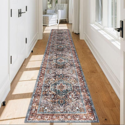 KOZYFLY Runners for Hallways 2x12 Ft Washable Kitchen Runner Rug Boho Long Runner for Entryway Indoor Printed Faux Wool Carpet for Bedroom Kitchen Hall, Brick Red/Orange/Green