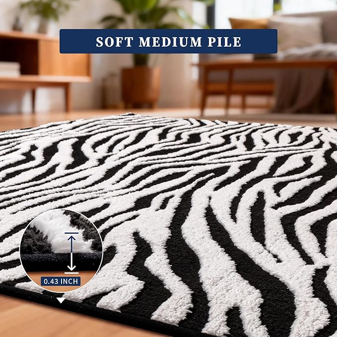 YIHOUSE 6×9 Ft Area Rugs, Black and White Modern Abstract Rug, Washable Plush Soft Zebra Print Carpet, Non-Slip Non-Shedding Rug for Living Room, Bedroom, Dining Room, Home Office Decor