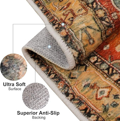 COMSLE Boho Area Rug, 2' x 4' Machine Washable Rugs for Entryway Faux Wool Small Rugs Distressed Throw Rug Non-Slip Floor Carpet for Indoor Bedroom Kitchen Living Room