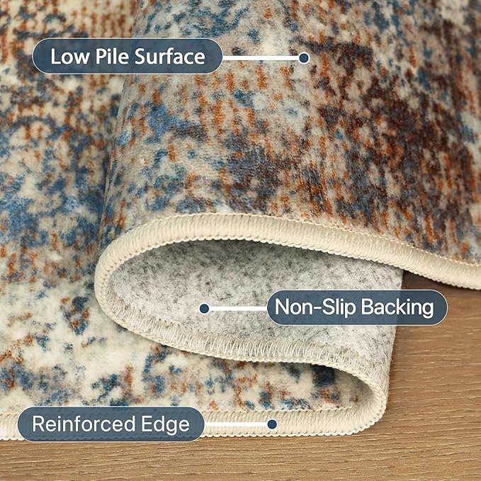8x10 Area Rugs Washable Blue Rug for Living Room Bedroom, Abstract Modern Large Rug Non Slip, Water Repellent Low Pile Soft Carpet for Dining Room, Blue Rust