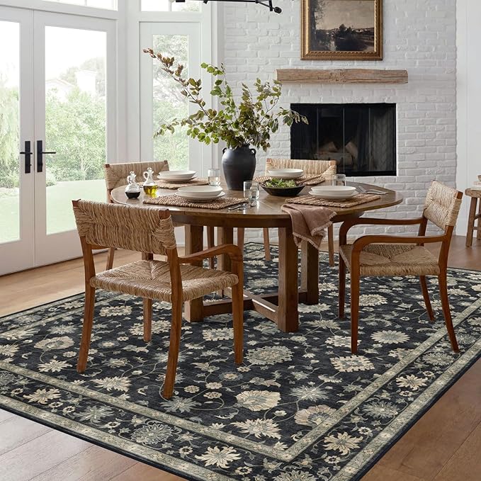 6x9 Area Rug for Living Room - Large Traditional Floral Washable Rugs for Bedroom Non-Slip Charcoal Black Moody Farmhouse Dining Room Rug Low-Pile Carpet Soft Vintage Rug for Office Guest Room