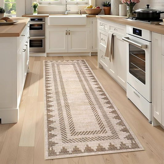 Bordered Printed Non Slip 2x6 Runner Rugs for Hallway Modern Geometric Washable Soft Long Kitchen Rug Stain Resistant Foldable Indoor Rug for Entryway Bedroom, Beige Brown