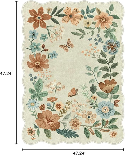 Lahome Floral Living Room Rug, 5x7 Rugs for Bedroom Ultra-Thin Soft Washable Dining Room Rug, Non Slip Stain Resistant Boho Low-Pile Throw Carpet for ‎Office (5x7ft,Beige)