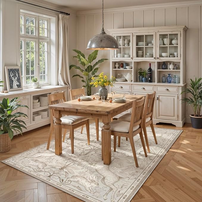 Lahome Boho Animal 5x7 Washable Living Room Area Rugs, Beige Soft Rugs for Bedroom, Botanical Large Boho Non Slip Dining Room Carpet for Under Table Entryway Kitchen Office (5x7ft,Beige)