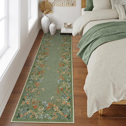 Lahome Boho Floral 2'6"x8 Green Washable Hallway Kitchen Runner Rug, Non Skid Bathroom Carpet Runners, Soft Non-Slip Indoor Rug Runners for Entryway Laundry Bedroom(Green,2'6"x8)