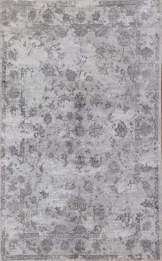 Rug Source Modern Collection, 5x8 Abstract Rug, Hand Knotted Greys & Charcoal Floral Rug, Oriental 100% Silk Carpet for Foyer, Entryway and Hallway