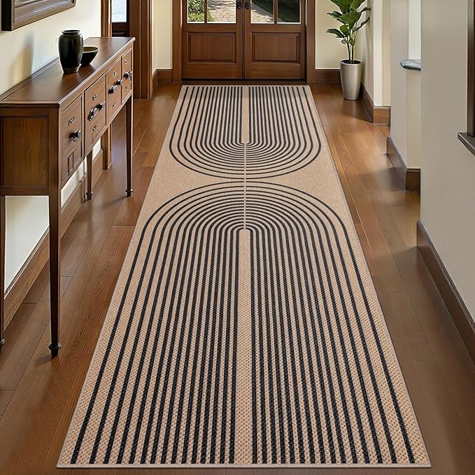 Tangsoo Rainbow Easy Jute Rug 2.6x10 Washable Runner Rug for Hallways,Non-Slip Thin Black Outdoor Rug,Modern Farmhouse Carpet for Porch Laundry Bedroom Living Room Entryway