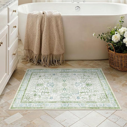 Area Rug 2x3 Doormat, Machine Washable Low Pile Vintage Rugs, Small Lightweight Rug Entryway Indoor Mat for Entrance, Hallway, Kitchen and Corridor, Cream Green