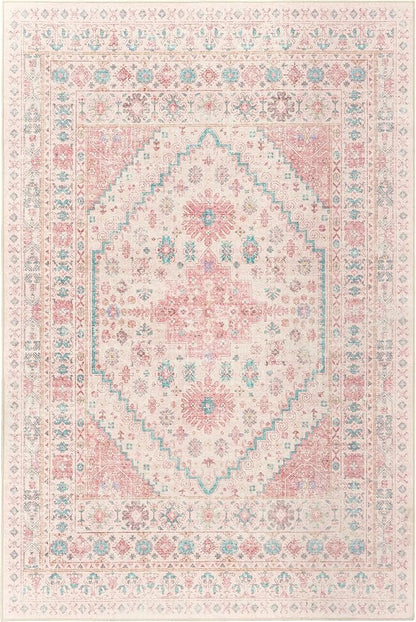zesthome 9x12 Area Rugs for Girls Bedroom, Low Pile Machine Washable Rugs, Vintage Large Pink Rugs, Stain Resistant Nursery Room Rug, Baby Crawling Rug (Pink/Blue,9'x12')