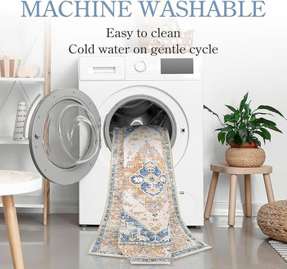 Lahome Boho Small Entryway Rug - 2x3 Non-Slip Washable Rugs for Kitchen Oriental Throw Ultra-Thin Area Rugs for Bedroom Accent Distressed Blue Floor Doormat Carpet for Bathroom Laundry Living Room