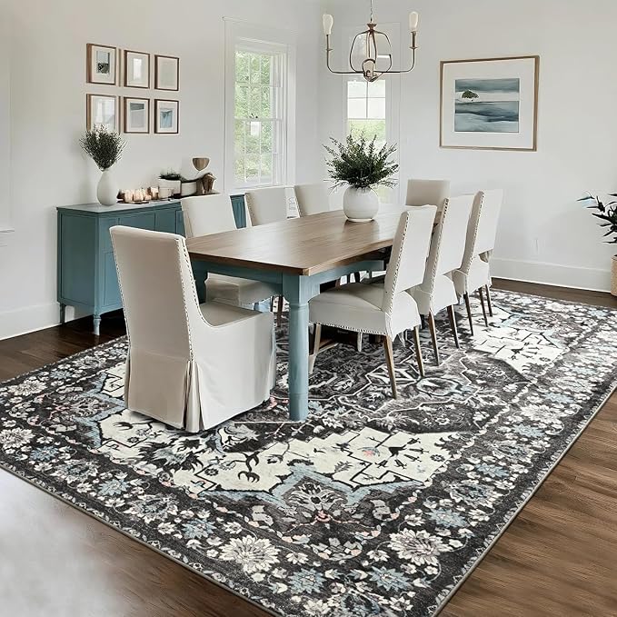 Beglad Area Rugs 4x6 for Living Room, Bedroom, Washable Vintage Rugs -Low Pile Soft Distressed Rugs for Kitchen, Dining Room, Non Shedding, Black and Blue