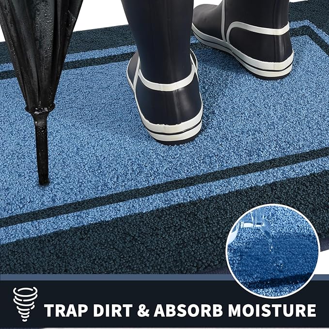 PURRUGS Dirt Trapping Door Mat 24" x 36", Non-Slip/Skid Machine Washable Entryway Rug, Shoes Scraper, Area Rug, Super Absorbent Welcome Mat for Muddy Wet Shoes and Paws, Light Blue & Navy