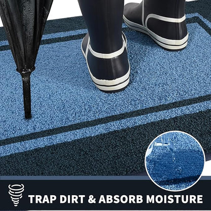 PURRUGS Dirt Trapping Door Mat 24" x 36", Non-Slip/Skid Machine Washable Entryway Rug, Shoes Scraper, Area Rug, Super Absorbent Welcome Mat for Muddy Wet Shoes and Paws, Light Blue & Navy