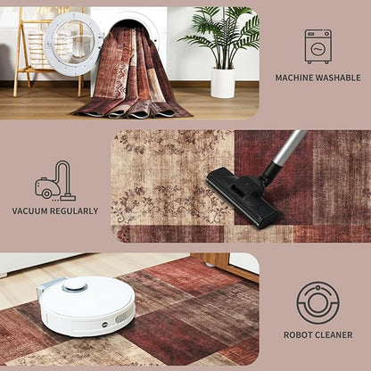 DweIke Washable Area Rugs for Living Room, 4x6 Soft Bedroom Rugs, Geometric Print Non-Slip Modern Rug, Stain Resistant Throw Carpets for Office Nursery Dining Room Home Dorm Decor, Red
