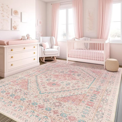 zesthome 6x9 Washable Rugs for Baby Girl, Super Soft Pink Rugs for Nursery Room, Non-Slip Stain Resistant Bedroom Rug, Ultra-Thin Large Area Rug (Pink/Blue,6'x9')