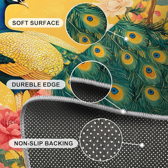 Classic Peacock Rug Large - 5x6 Rug, Peacock Peony Flower Washable Rugs for Living Room, Yellow Teal Turquoise Carpet, Non-Slip Area Rugs for Bedroom, Aesthetics Carpet - Peafowl Home Decor & Gifts