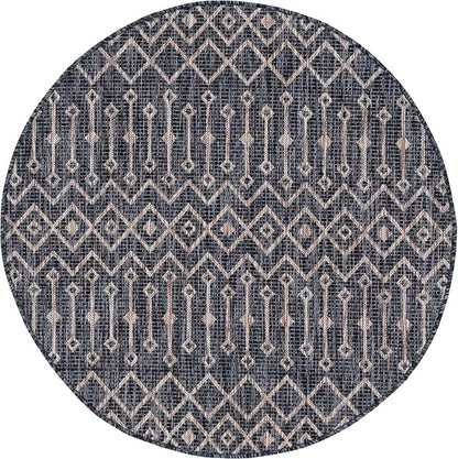 Unique Loom Outdoor Trellis Collection Area Rug - Tribal Trellis (4' 1" Round, Charcoal Gray/ Natural)