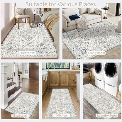 Enkor Area Soft Rugs 6x9 Washable Non Slip Boho Floor Rugs for Living Room Bedroom, Vintage Style Farmhouse Mat for Kitchen Entryway White & Grey