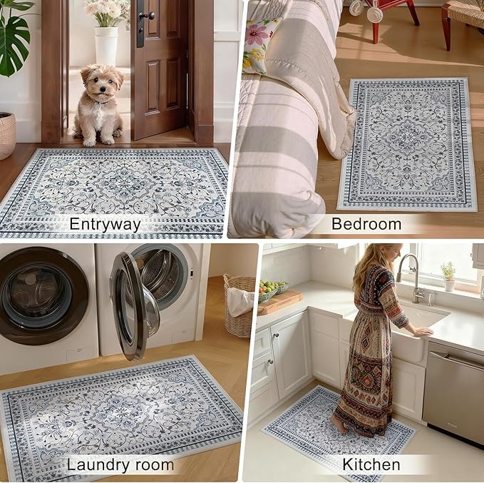 2' x 3' Blue Washable Area Rugs, Non-Slip Entryway Rug, Boho Low Pile Door Mat Indoor Entrance, Floral Medallion Pattern Vintage Rugs for Kitchen Bedroom Bathroom Laundry Living Room Farmhouse