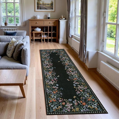 Lahome Boho Floral 2'6"x8 Black Washable Hallway Kitchen Runner Rug, Non Skid Bathroom Carpet Runner, Soft Non-Slip Rug Runners for Entryway Laundry Bedroom(2'6"x8ft,Black)