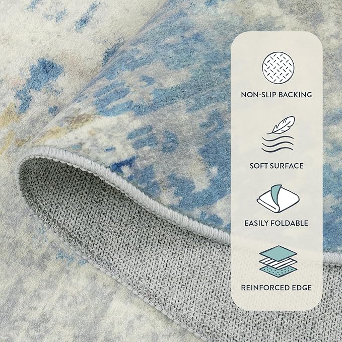 Lahome Modern Abstract Laundry Rug Runner, 2x4.3 Washable Throw Carpet Runner for Entryway, Soft Non-Slip Indoor Mat Runner Rug for Kitchen Master Bedroom Living Room Seat Door, Blue/Yellow/Ivory