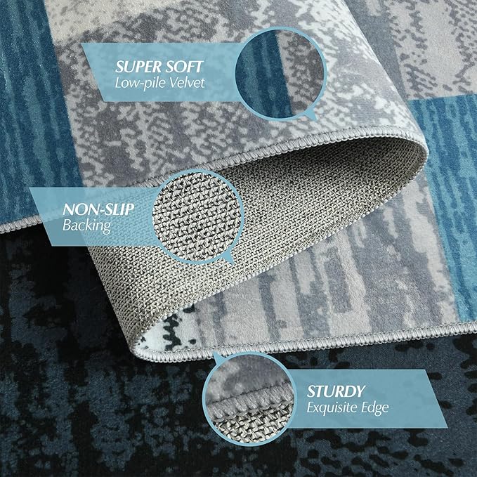 Indoor Runner Rug, Washable Runner Rug with Rubber Backing, Modern Geometric Patchwork Aesthetic Carpet for Bedroom, Living Room, Hallway, Entryway, Washable Rug Rockwood Collection, 2x6 Ft Blue