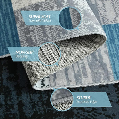 Large Area Rugs,Modern Geometric Patchwork Floor Decor for Bedroom Aesthetic Carpet, Rockwood Collection, Indoor Rugs for Living Room, Dining Room, Nursery, Office, Machine Washable Rug,9x12 Ft Blue