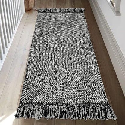 Collive Kitchen Runner Rug, 2' x 4.3' Cotton Hand-Woven Reversible Washable Rug, Black Bathroom Rugs Modern Farmhouse Hallway Carpet for Foyer Bedroom Entry Back Door Decor