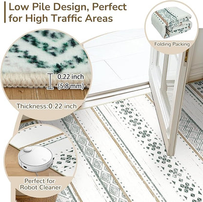 BESTSWEETIE 5x7 Area Rugs for Living Room Washable Moroccan Farmhouse Neutral Geometric Low Pile Non-Slip Soft Print Pattern Rug for Bedroom Kitchen Dining Room Entryway Green/Brown/Brown
