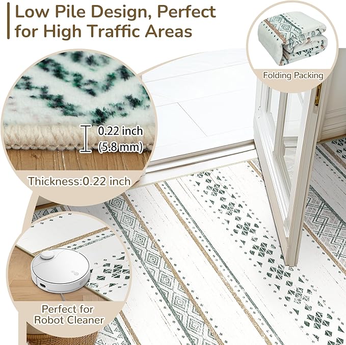 BESTSWEETIE 8x10 Area Rugs for Living Room Washable Moroccan Farmhouse Neutral Geometric Low Pile Non-Slip Soft Print Pattern Rug for Bedroom Kitchen Dining Room Entryway Green/Brown/Brown