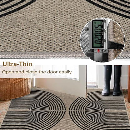 Easy Jute Rainbow Area Rug, 3x5 Indoor Outdoor Entryway Rug Washable Non-Slip Modern Boho Kitchen Rugs, Black and Nature Abstract Throw Carpet for Living Room Patio Kids Room
