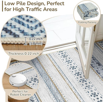 BESTSWEETIE 5x7 Area Rugs for Living Room Washable Moroccan Farmhouse Neutral Geometric Low Pile Non-Slip Soft Print Pattern Rug for Bedroom Kitchen Dining Room Entryway Blue/Brown