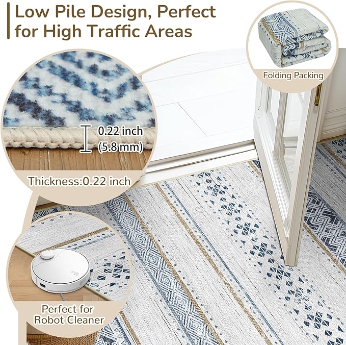 BESTSWEETIE 9x12 Area Rugs for Living Room Washable Moroccan Farmhouse Neutral Geometric Low Pile Non-Slip Soft Print Pattern Rug for Bedroom Kitchen Dining Room Entryway Blue/Brown
