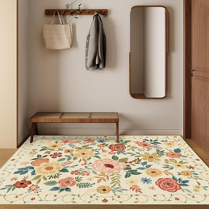 DUKINO 4x6 Area Rug, Lightweight Non Slip Washable Floral Rug, Indoor Low Pile & Non-Shedding Boho Design Rugs for Bedroom, Living Room, Dining Room, Beige Yellow