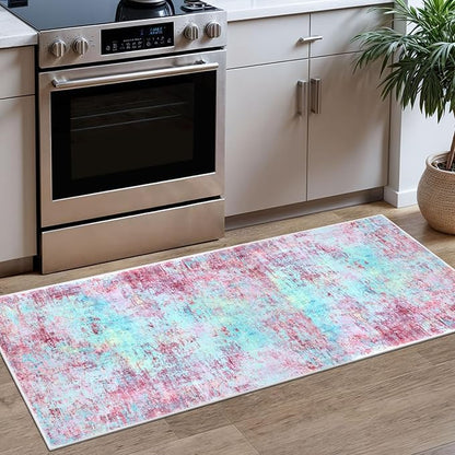 Modern Abstract Runner Rug 2x5, Machine Washable Blush Pink Sky for Girls Bedroom Ofiice Runner Non-Slip, Soft Hallway Rug Runner Thin Print Faux Wool Carpet for Entryway, Kitchen